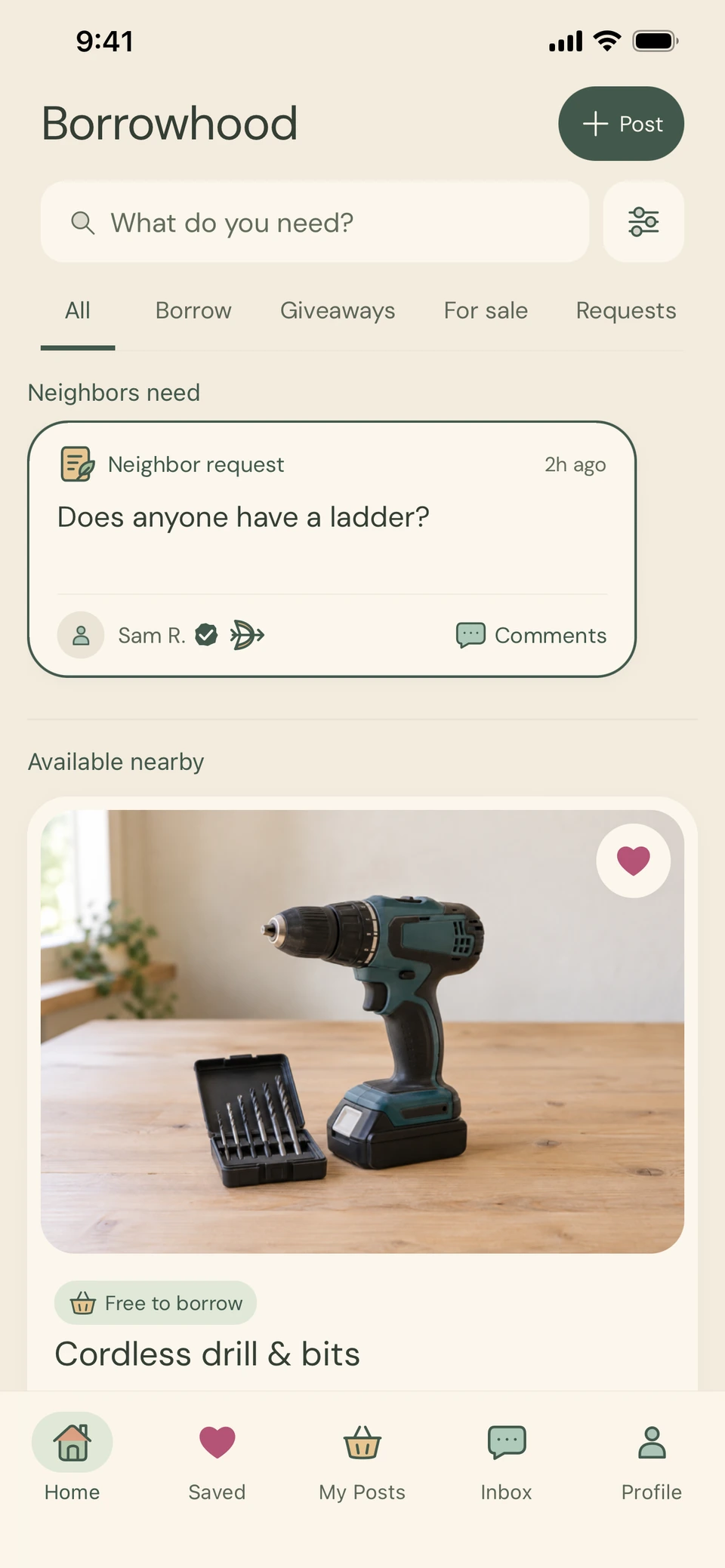 Borrowhood home feed with a neighbor request and items available nearby