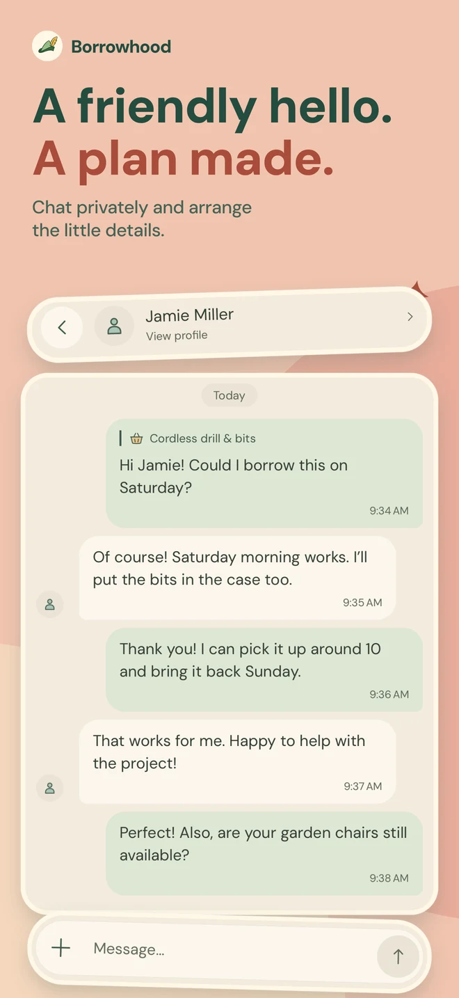 A friendly hello. A plan made. A private conversation arranging a pickup and return.