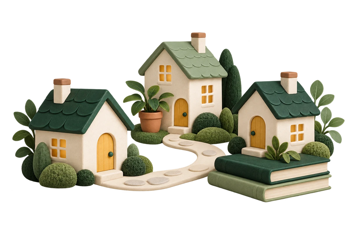 Three little houses connected by a garden path, with books and plants